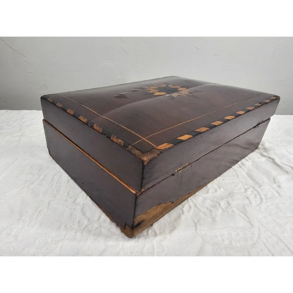 Antique Wooden Keepsake Box‎ Star Inlay Jewelry Trinket Storage Chest 1900s